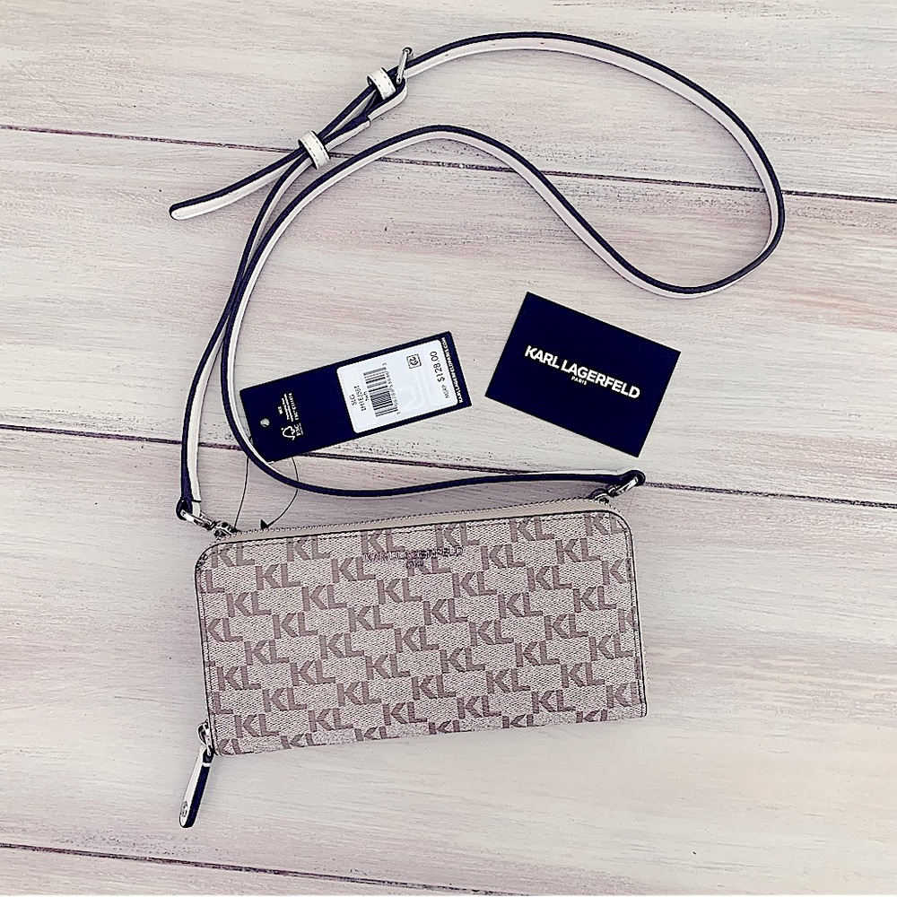 NEW! KARL LAGERFELD PARIS White Taupe Leather Crossbody Purse Wallet Handbag